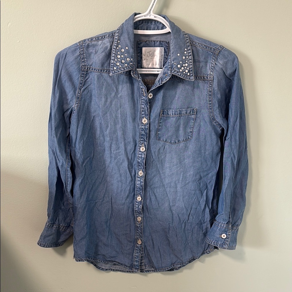 ☀️ 2/$15 Justice Blue Denim kids Shirt with Studded Collar